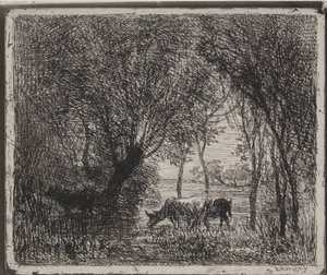 Cows in the Woods, originalt inntrykk 1862, trykt i 1921. av Charles Francois Daubigny