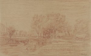 Landskap med beitende og drikkende kuer og en voktende okse av Charles Francois Daubigny