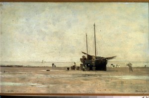 ""Seascape"" En seilbåt på sanden ved lavvann. Maleri av Charles Francois Daubigny (1817-1878) 1868-1872 Pushkin-museet, Moskva av Charles Francois Daubigny