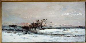 Snølandskap i solnedgangen. Maleri av Charles Francois Daubigny (1817-1878) av Charles Francois Daubigny
