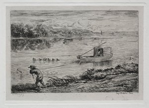 Båtturen: Cabin Boy Hauling the Tow-Rope eller Hauling by Rope, 1861. av Charles Francois Daubigny