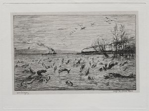 Båtturen: Fiskens glede ved hytteguttens avgang (fisken) av Charles Francois Daubigny