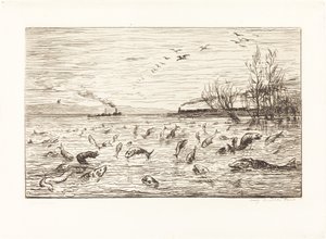 Fisken gleder seg når hyttegutten går (Rejouissances de poissons du depart du mo av Charles Francois Daubigny