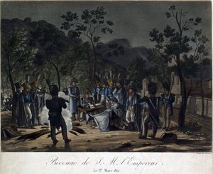 Napoleons retur fra Elba. Napoleons bivuakk ved Golfe-Juan 1. mars 1815 - Levachez, Charles Francois Gabriel (aktiv 1760-1820) - 1815 - Akvatint - 29,5x30 - Privat samling
