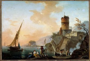 Marine, utsikt over middelhavsmaleriet av Charles Francois Lacroix av Marseille (1720-1779) 1700-talls søn. 0,61x0,82 m Orleans, Musee des Beaux Arts
