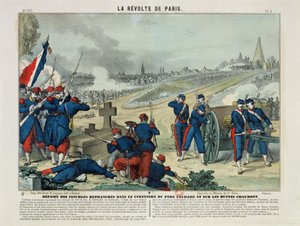 Nederlag for opprørerne forankret på kirkegården i Pere Lachaise og på Chaumont Hill, 1871 (fargegravering) av Charles Francois Pinot
