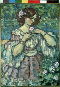 Jente med en rose. Maleri av Charles Guerin (1875-1939)