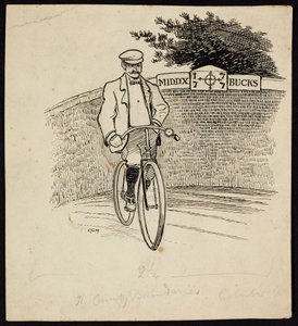 En mann på sykkel foran et skilt som markerer fylkesgrensen mellom Middlesex og Buckinghamshire