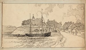 En seilbåt på stranden ved lavvann, ved en bane som fører opp mot en landsby av Charles George Harper