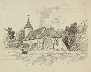 Utvendig visning av en uidentifisert kirke (penn og blekk på papir) av Charles George Harper