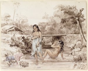 Tahitians Bathing, 1844 (penn og vask på papir) av Charles Giraud