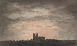 En stor kirke (Westminster Abbey) ved solnedgang