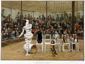 De lærde hundene: sirkusscene med klovn og hunder - etter Charles Green, engelsk chromo 1885. ¿De lærde hundene: sirkusscene med klovn og hunder - etter Charles Green, engelsk chromo 1885. ¿ av Charles Green