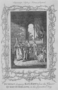 Dunstan drar kong Edwy fra sin konedronning Ethelgiva på kroningsdagen hans, 1773. av Charles Grignion