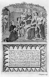 Earl Rivers presenterer boken sin til kong Edward IV, c1477 sent på 1700- eller tidlig på 1800-tallet av Charles Grignion