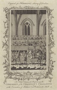 Sir John Dimmock utfører seremonien for Champions Challenge ved Coronation of Richard II i Westminster Hall, 1377 av Charles Grignion