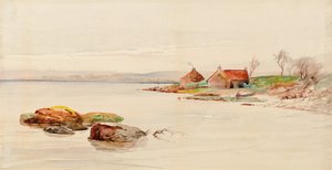 Kystscene med hytter (akvarell)