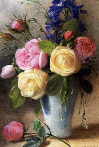 Roser og riddersporer i en vase. Maleri av Charles Henry Slater (1820–1890). Privat samling. av Charles H. Slater