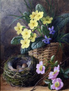 Stilleben av primulaer, fioler og roser. Stilleben med rede, egg og blomster. Maleri av Charles Henry Slater (1820–1890). Privat samling. av Charles H. Slater