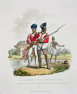Innfødte tropper i det østindiske kompaniets tjeneste: en sersjant og en privat grenader-sepoy fra den bengalske hæren, gravert av Joseph Constantine Stadler, 1815 (akvatint)