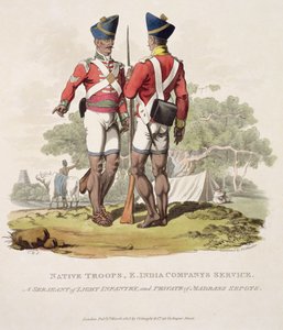 Innfødte tropper i det østindiske kompaniets tjeneste: en sersjant for lett infanteri og en menig fra Madras Sepoys, gravert av Joseph Constantine Stadler, 1815 (akvatint)