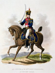Uniform of an Officer of the 9th Light dragoons in Review Order, fra 'Costume of the British Empire, according to the Last Regulations', publisert 1812-15 (håndfarget akvatint) av Charles Hamilton Smith