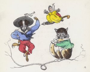 Dame Trottypeg og kjæledyret hennes katt og hund (farget gravering) av Charles Henry (after) Bennett