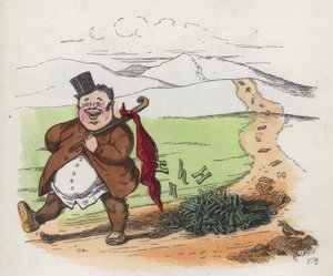Feit mann som går langs en vei og slipper kløktene (farget gravering)