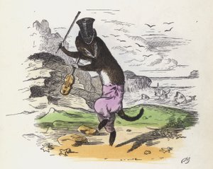 Fransk vesle som spiller fele og danser (farget gravering)