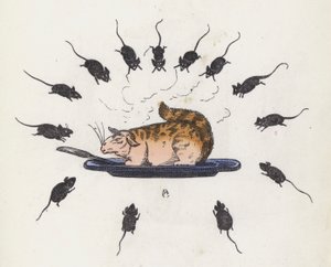 Fråts katt på en tallerken omgitt av sultne mus (farget gravering) av Charles Henry (after) Bennett