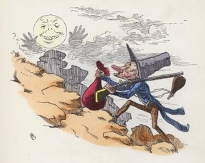 Mann som klatrer en bakke for å skyte på månen (farget gravering) av Charles Henry (after) Bennett