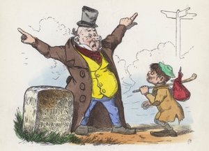 Mann gir forvirrende veibeskrivelse til en reisende på veien til London (farget gravering) av Charles Henry (after) Bennett