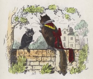 To katter på en hagevegg (farget gravering) av Charles Henry (after) Bennett