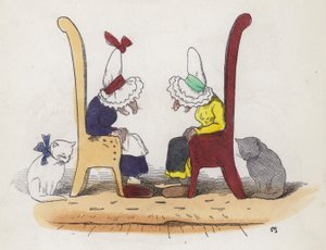To gamle koner snakker og sovner (farget gravering) av Charles Henry (after) Bennett