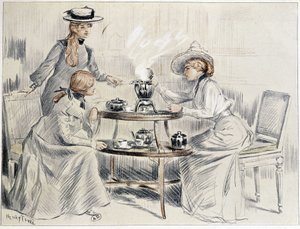Damer som tar te rundt en liten samovar - tegning av Henri Tenré, ca. 1910