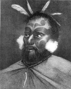 Portrait of a Man of New Zealand, illustrasjon fra 'Journey Round the World to the South Pole', av kaptein James Cook (1728-79)