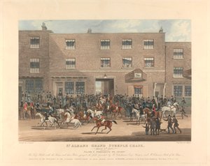 Steeple-chasing [sett med seks]: St. Albans Grand Steeple Chase. / 8. mars 1832. Plate 1. Forbereder til start ... av Charles Hunt
