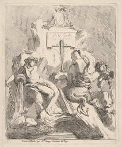 Design for en fontene med en sittende nymfe til venstre og triton som holder et skall mot munnen ..., 1768. av Charles Hutin