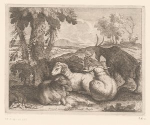 Sauer og geiter under et tre Dyreserie (serietittel) av Charles II Errard (attributed to)