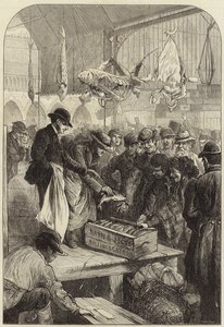 En fiskeauksjon i Columbia Market av Charles J. Staniland