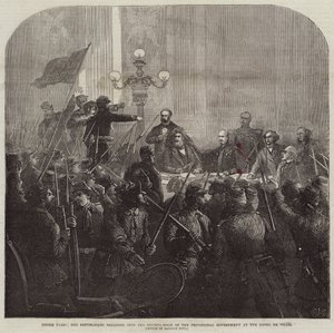 Inne i Paris bryter røde republikanere seg inn i rådsrommet til den provisoriske regjeringen på Hotel De Ville av Charles J. Staniland