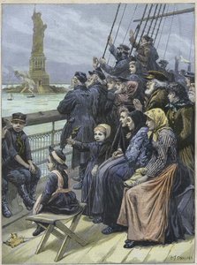 Jødiske immigranter som ankom New York, USA i 1892 - Jødiske flyktninger fra Russland passerer den kolossale statuen i New York havn - gravering av Charles Joseph STANILAND- "" Ankomst av jødiske emigranter til New York i 1892, illustrasjon av Charles Jose