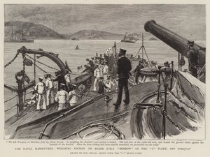 Sjømanøvrene, veier anker om bord på HMS Benbow fra C Fleet, utenfor Torquay av Charles J. Staniland