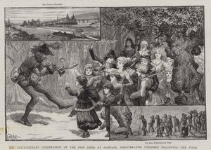 100-årsfeiringen av Pied Piper i Hamelin, Hannover, barna følger Piper av Charles J. Staniland