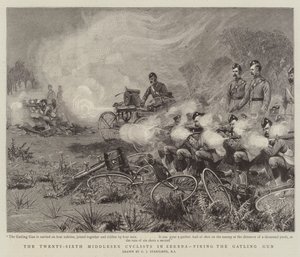 De 26. Middlesex-syklistene i Zereba avfyrer Gatling Gun av Charles J. Staniland