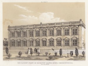 Hagefronten til Brympton Manor House, Somersetshire, Inigo Jones, arkitekt (farge litho)