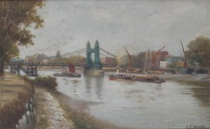 Hammersmith Bridge - den nåværende - post 1887 - ser fra Surrey-kysten av Charles John de Lacy