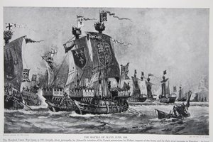 Slaget ved Sluys, 24. juni 1340, illustrasjon fra 'Hutchinson's Story of the British Nation', ca. 1923 av Charles John de Lacy