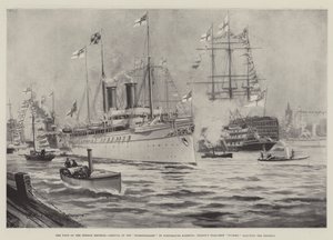 Den tyske keiserens besøk, ankomst til Hohenzollern i Portsmouth havn, Nelsons flaggskipseier hilser keiseren av Charles John de Lacy