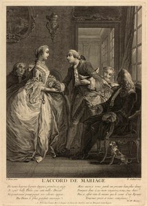 Ekteskapsavtalen. En ung mann legger en veske i hendene på en ung kvinne, under øynene til bekymrede mennesker, notarius publicus og foreldre. Arbeid av Charles Eisen (1720-1778), gravering